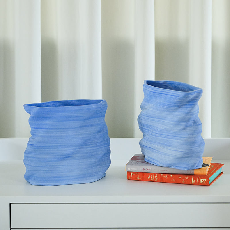 HAI VASE - Handcrafted 3D Printed Ceramic in Blue & White Wave Patterns