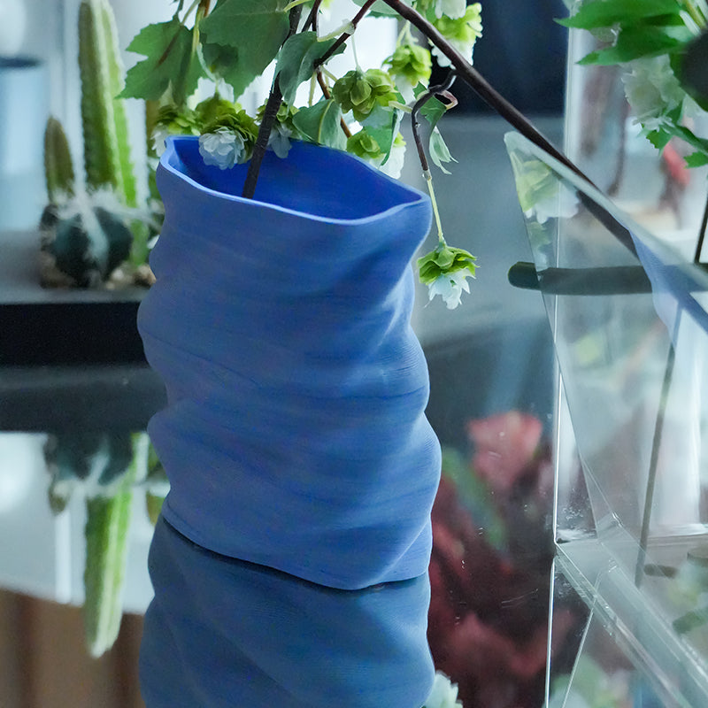 HAI VASE - Handcrafted 3D Printed Ceramic in Blue & White Wave Patterns