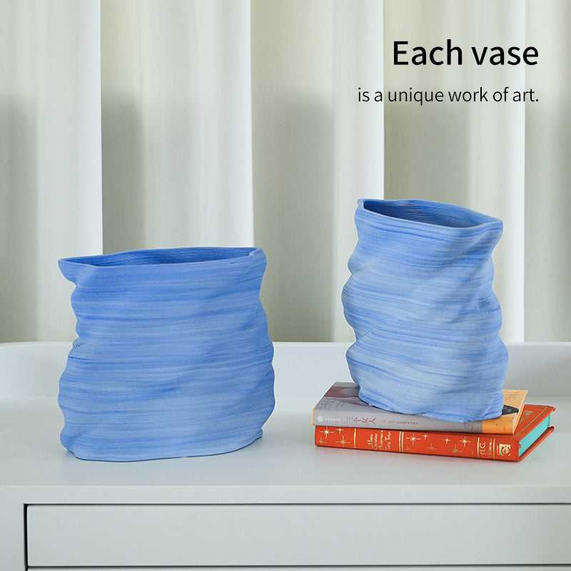 HAI VASE - Handcrafted 3D Printed Ceramic in Blue & White Wave Patterns