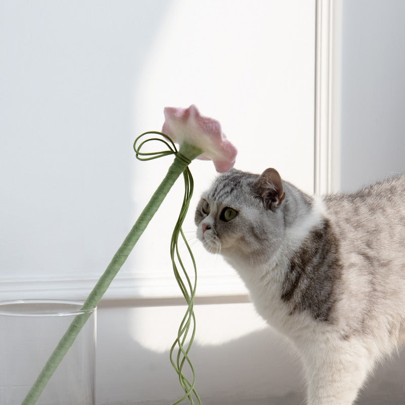 Cat exploring the pink flower of the CheerMoe Camellia cat wand