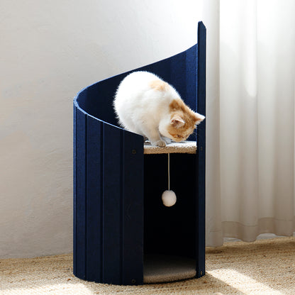 Cat sitting on the upper perch of Spiral Ladder Cat Nest