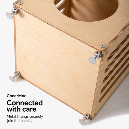Close-up of CheerMoe Haven Cat House metal fittings joining birch panels