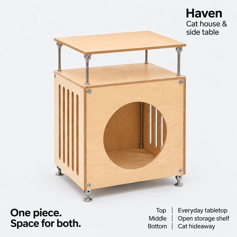 CheerMoe Haven Cat House shown as a birch side table and cat hideaway