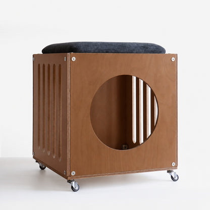 CheerMoe Haven Cat House Stool in walnut finish with a dark seat cushion and caster wheels