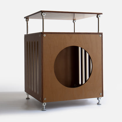 CheerMoe Haven Cat House in walnut finish with a round entrance, open shelf and metal connectors