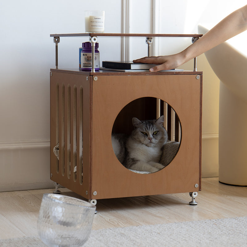 Hand reaching for a book on the open shelf of the walnut-finish Haven Cat House while a cat rests below