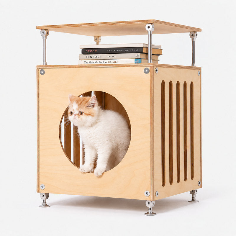 CheerMoe Haven Cat House in natural birch with a white cat inside