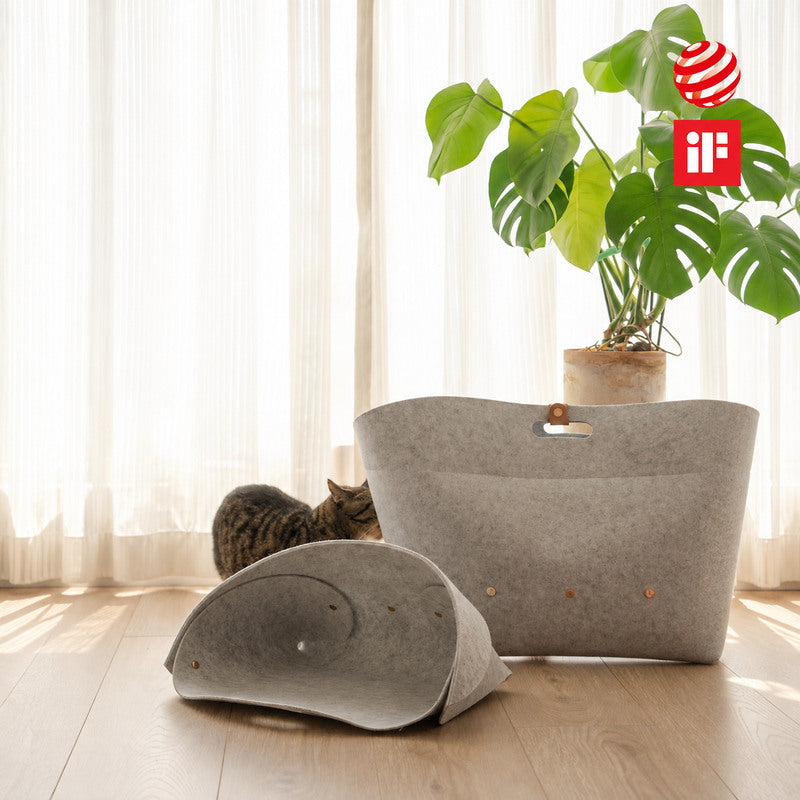 Two gray felt Pica Pet Nest sizes displayed with cats and Red Dot and iF Design Award marks