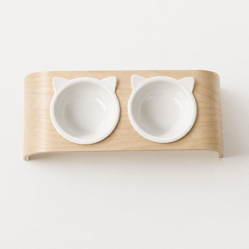 Mori raised cat bowl set with two white ceramic cat-ear bowls, front view
