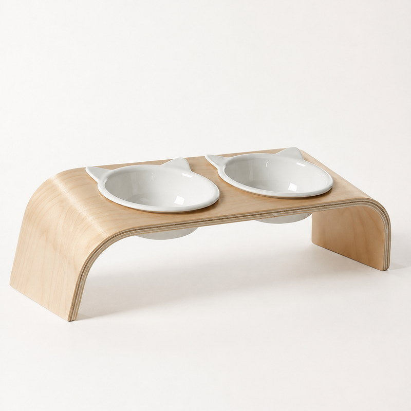 Angled view of the Mori double cat feeder with curved wood stand