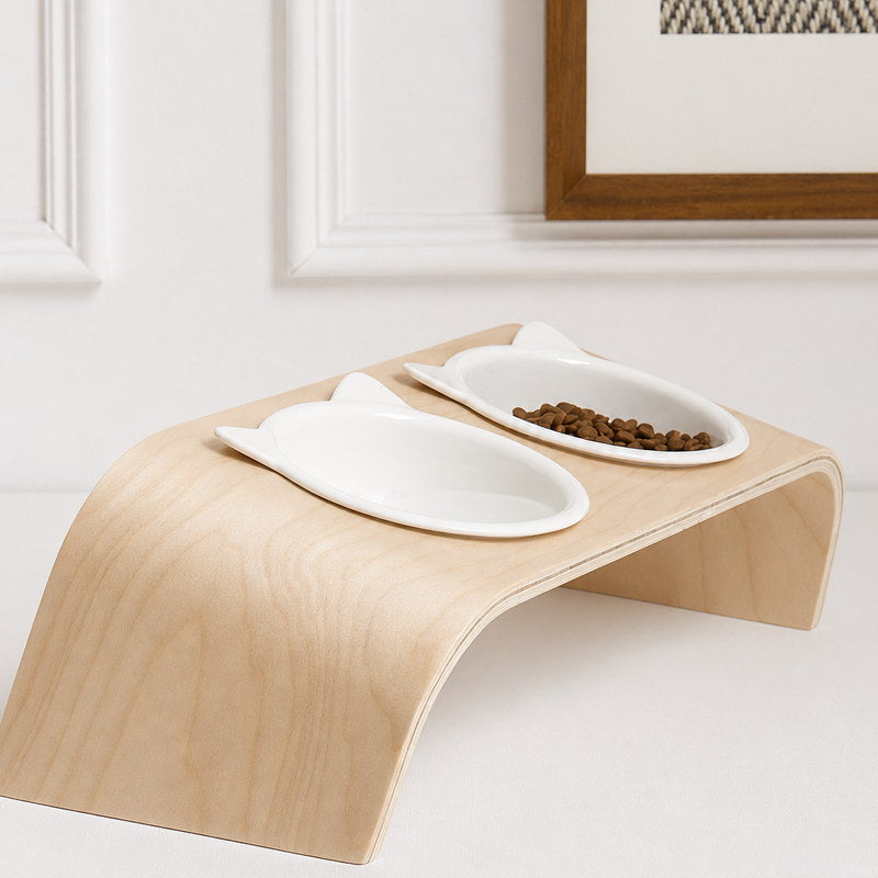 Mori raised ceramic cat bowls in a calm home feeding corner