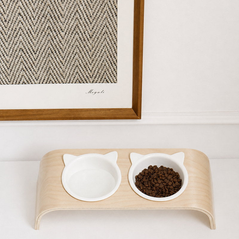 Front view of the curved wood double cat feeder with food and water