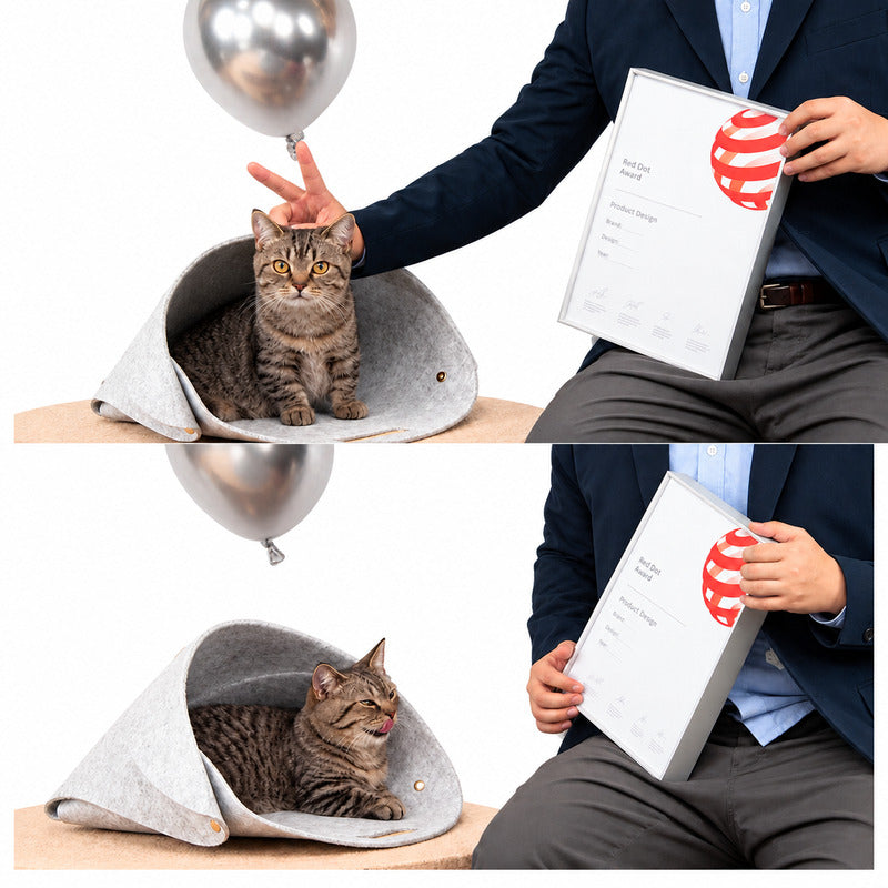 Tabby cat resting in a gray Pica felt pet nest beside a Red Dot Design Award certificate